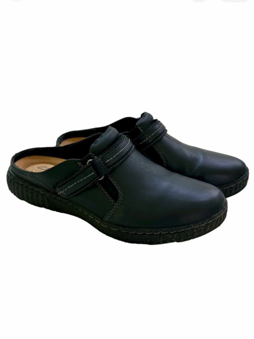 Clarks Collection Caroline May Black Size 10 Clogs Top-Stitched Leather Women’s